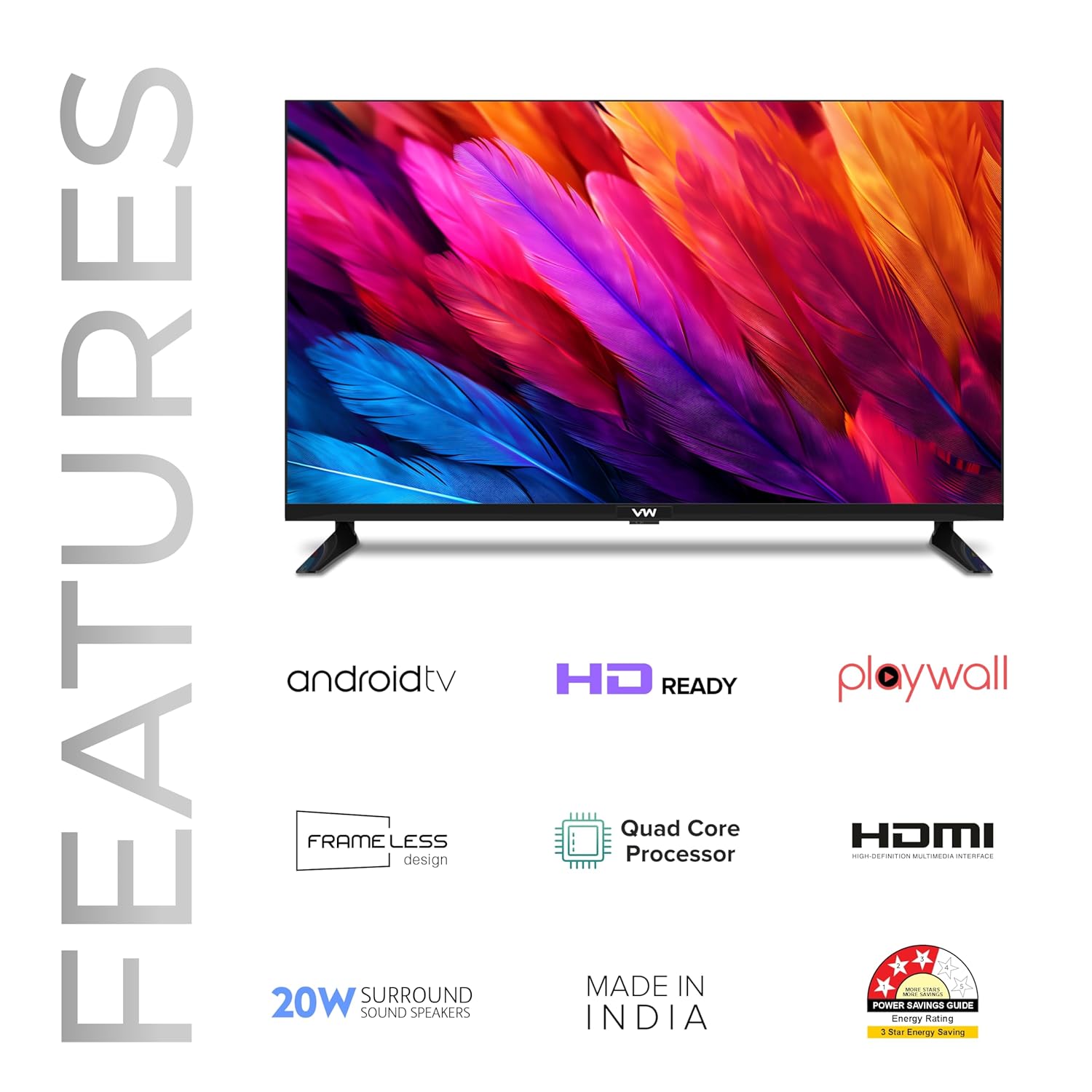 VW 80 cm (32 inch) Playwall Frameless Series HD Ready Android Smart LED TV Model VW32F5