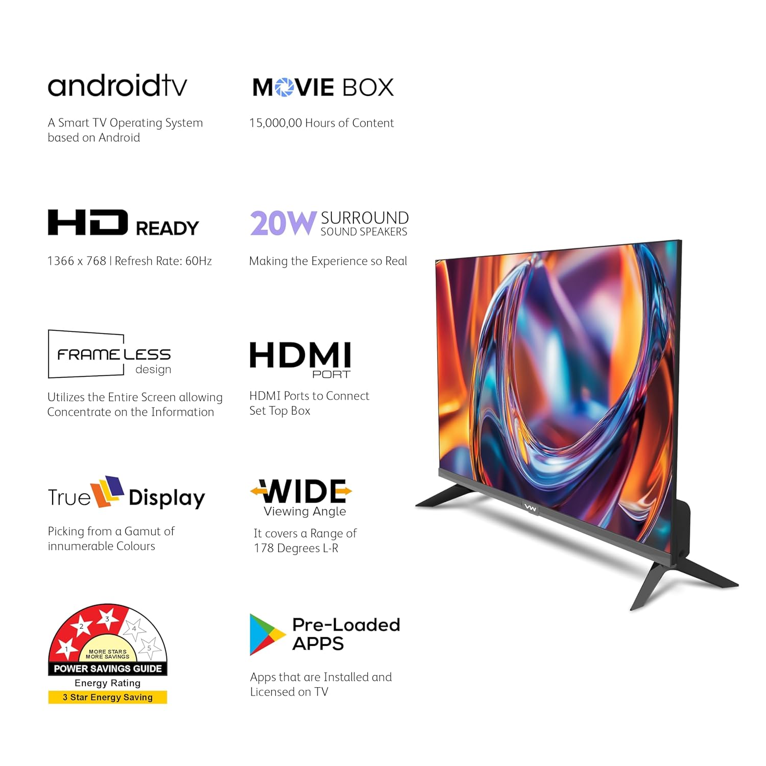 VW 80 cm (32 inch) Frameless Series HD Ready Android Smart LED TV Model VW32S
