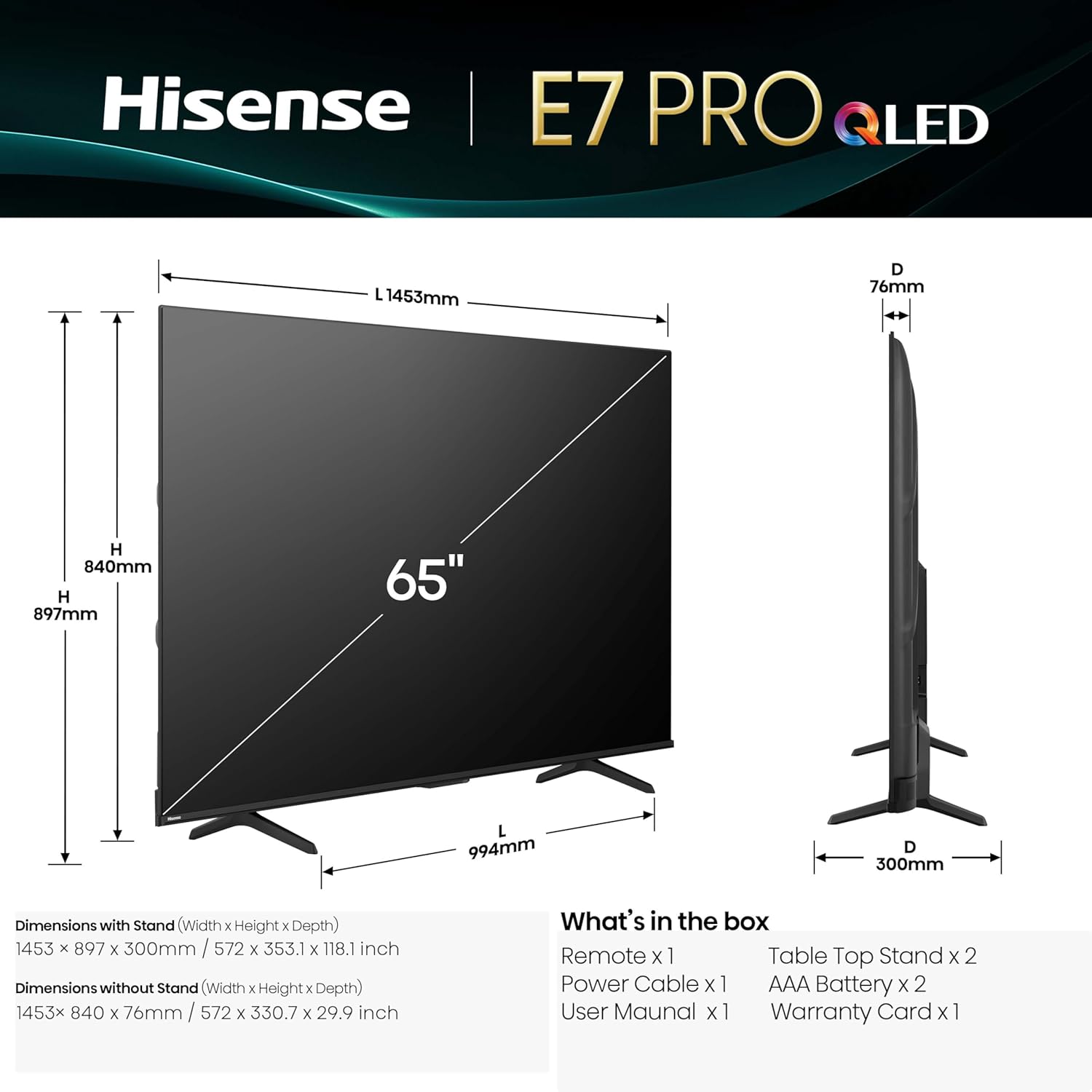 Hisense 164 cm (65 inch) E7Q PRO Series 4K Ultra HD Smart QLED TV Model 65E7Q PRO