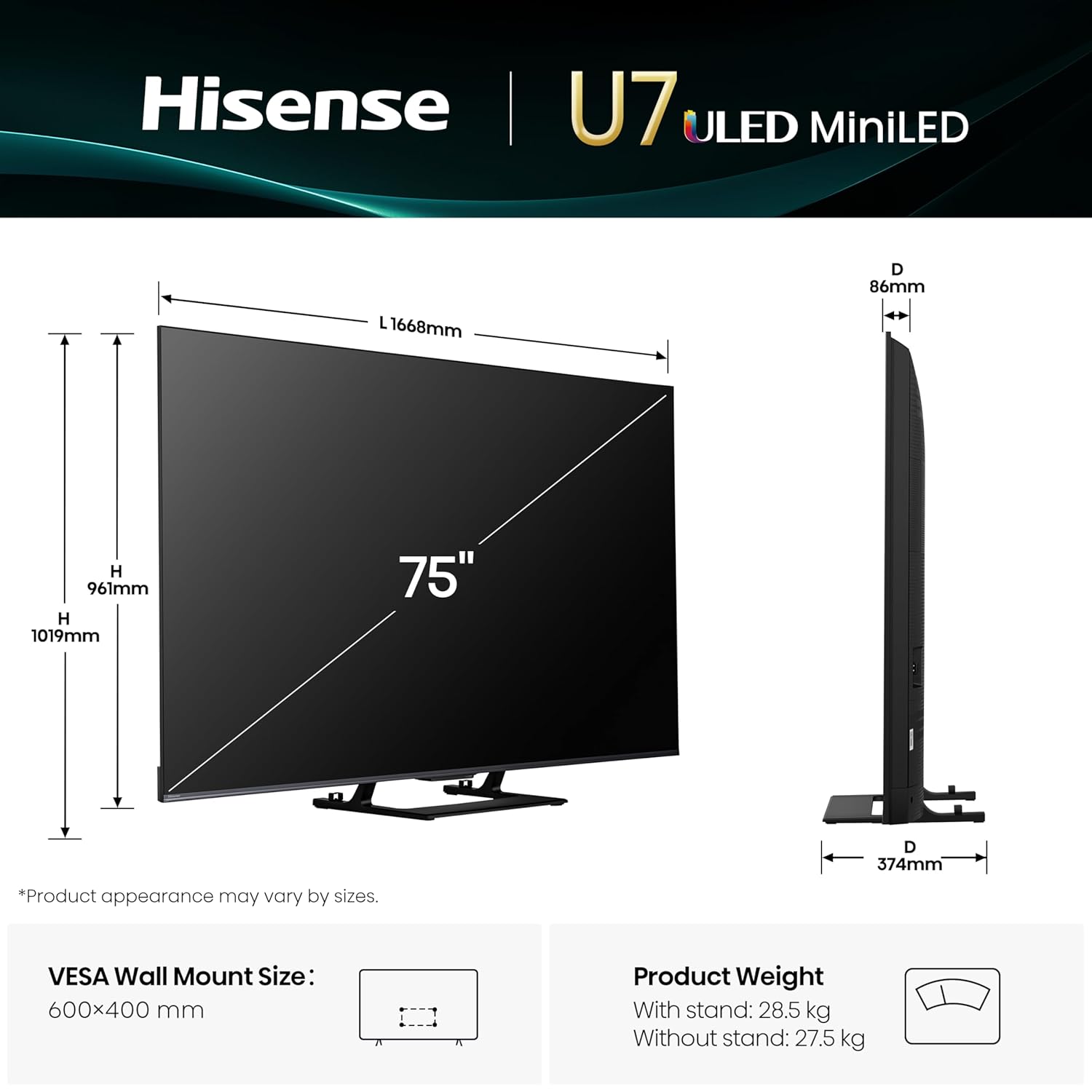 Hisense 189 cm (75 inch) U7Q Series 4K Ultra HD Smart QLED Mini LED TV Model 75U7Q