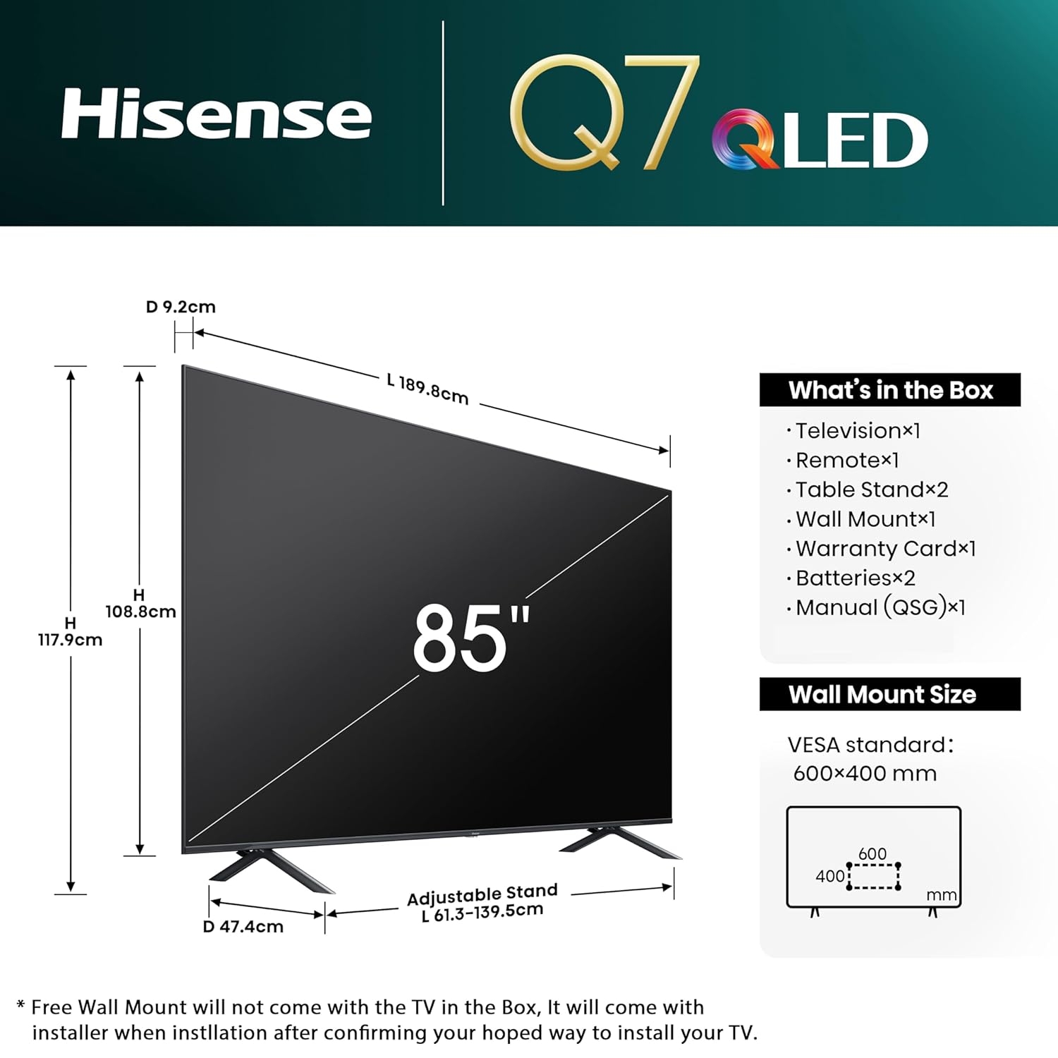 Hisense 215 cm (85 inch) Q7N Series 4K Ultra HD Smart QLED TV Model 85Q7N